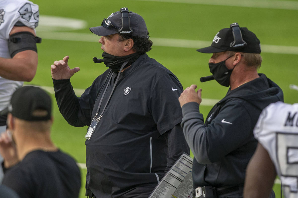 Las Vegas Raiders defensive coordinator Paul Guenther, left, coaches from the sideline with Las ...