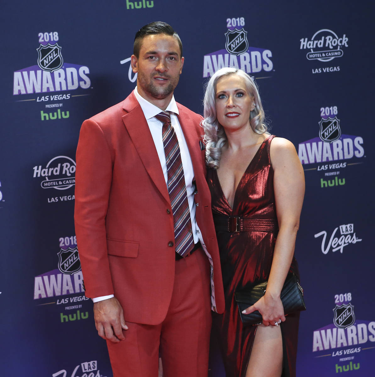 Deryk Engelland of the Golden Knights, with his wife Melissa, poses on the red carpet ahead of ...