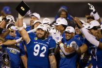 San Jose State Spartans defensive lineman Cade Hall (92) celebrates after defeating the Boise S ...