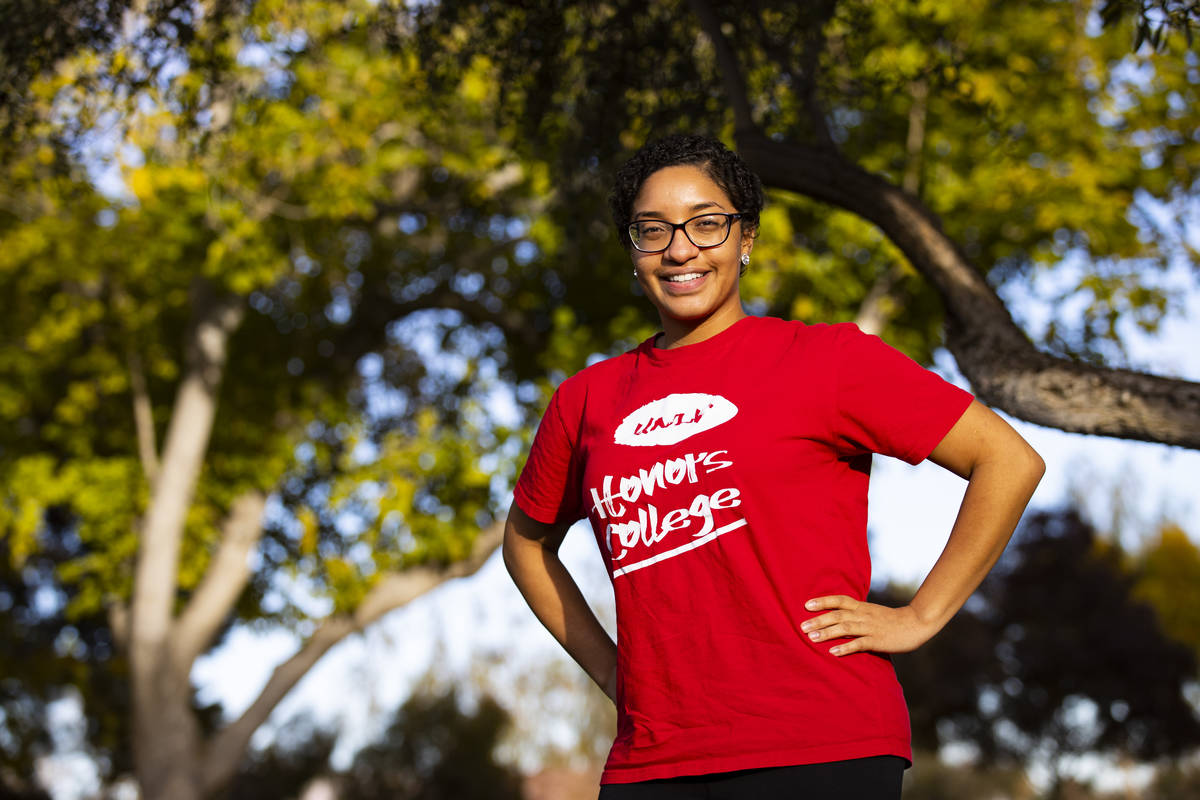 Akaisha Cook, a UNLV spring 2020 graduate, poses for a portrait on campus in Las Vegas on Tuesd ...