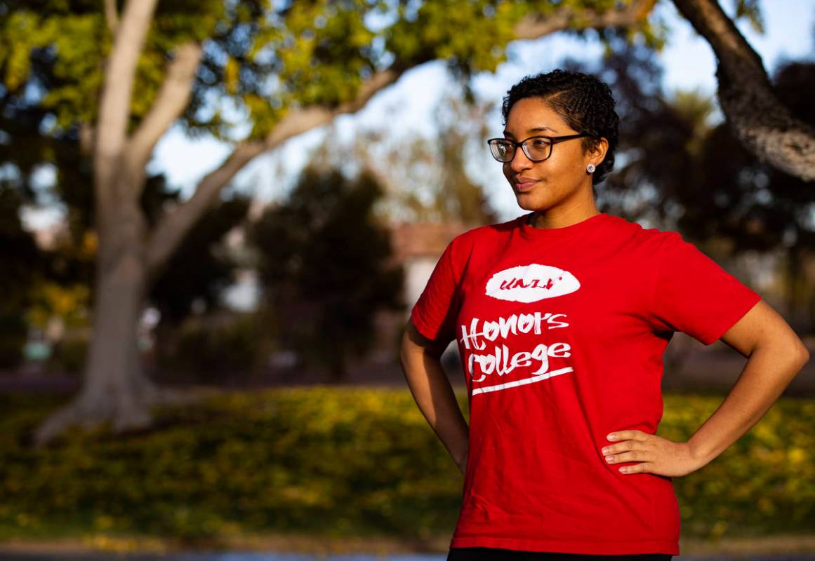 Akaisha Cook, a UNLV spring 2020 graduate, poses for a portrait on campus in Las Vegas on Tuesd ...