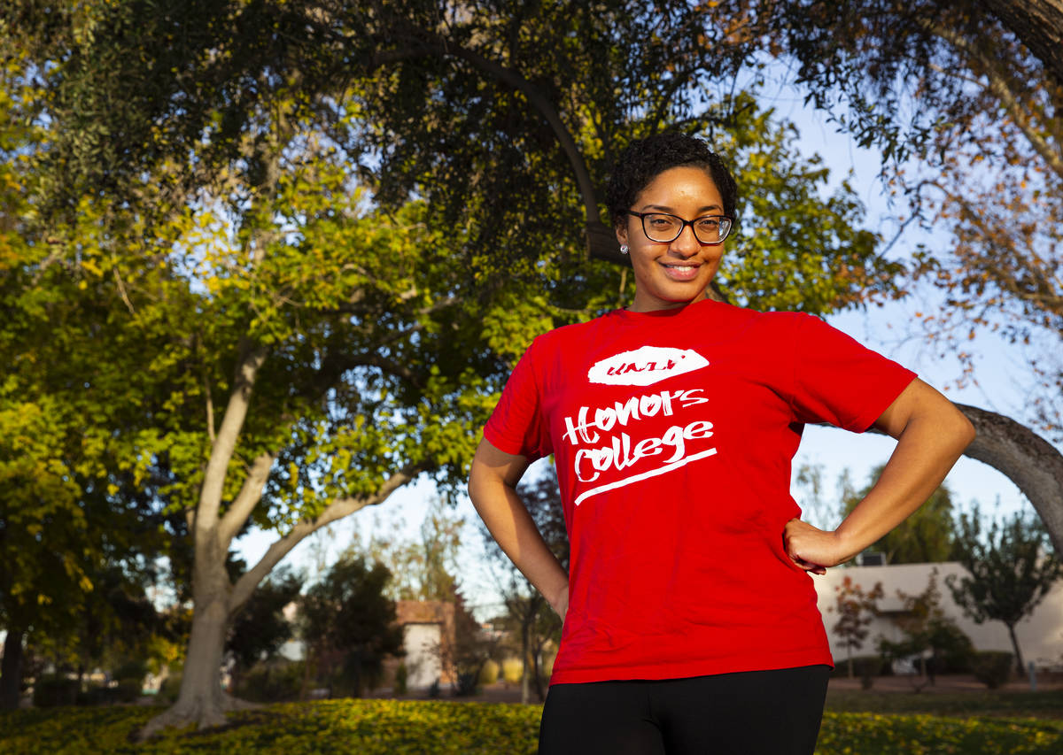 Akaisha Cook, a UNLV spring 2020 graduate, poses for a portrait on campus in Las Vegas on Tuesd ...