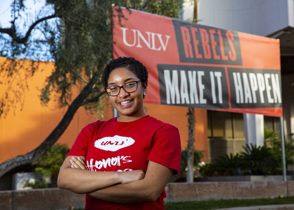 Akaisha Cook, a UNLV spring 2020 graduate, poses for a portrait on campus in Las Vegas on Tuesd ...