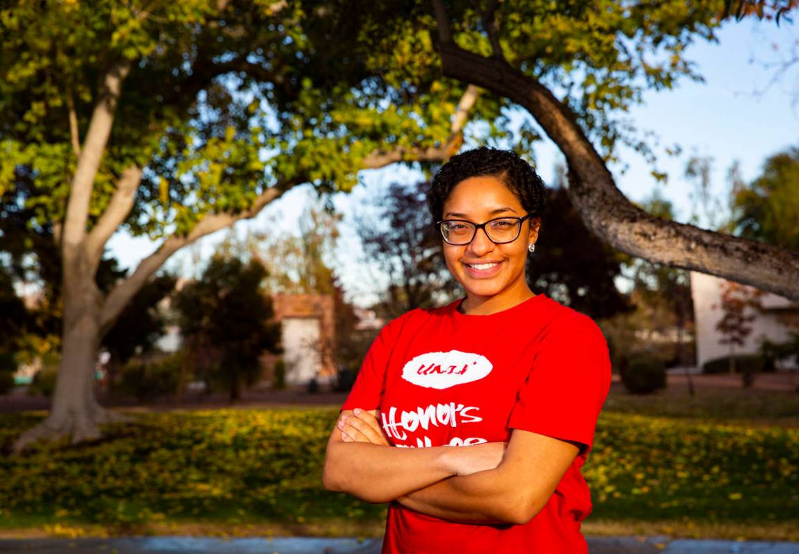 Akaisha Cook, a UNLV spring 2020 graduate, poses for a portrait on campus in Las Vegas on Tuesd ...