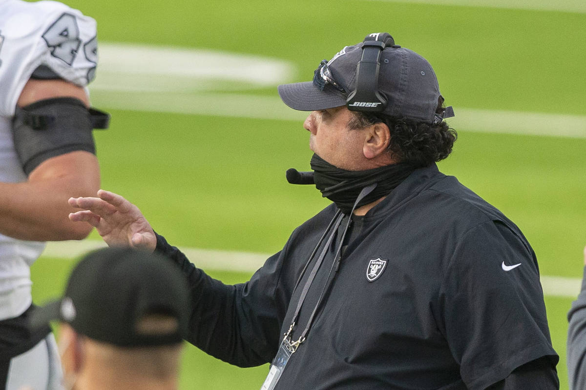 Las Vegas Raiders defensive coordinator Paul Guenther gestures during the first quarter of an N ...