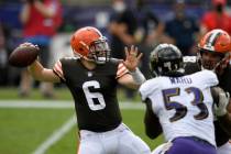 FILE - Cleveland Browns quarterback Baker Mayfield (6) looks to pass during an NFL football gam ...