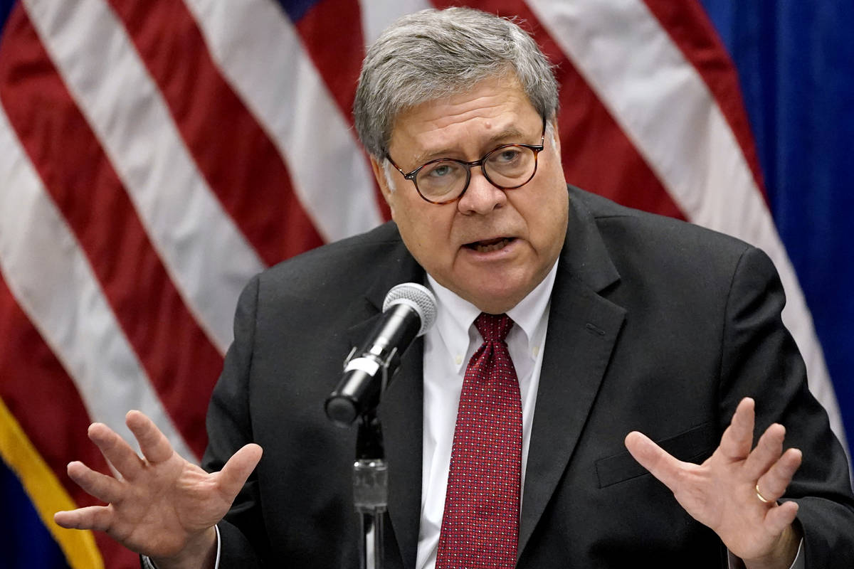 FILE - In this Oct. 15, 2020, file photo Attorney General William Barr speaks during a roundtab ...