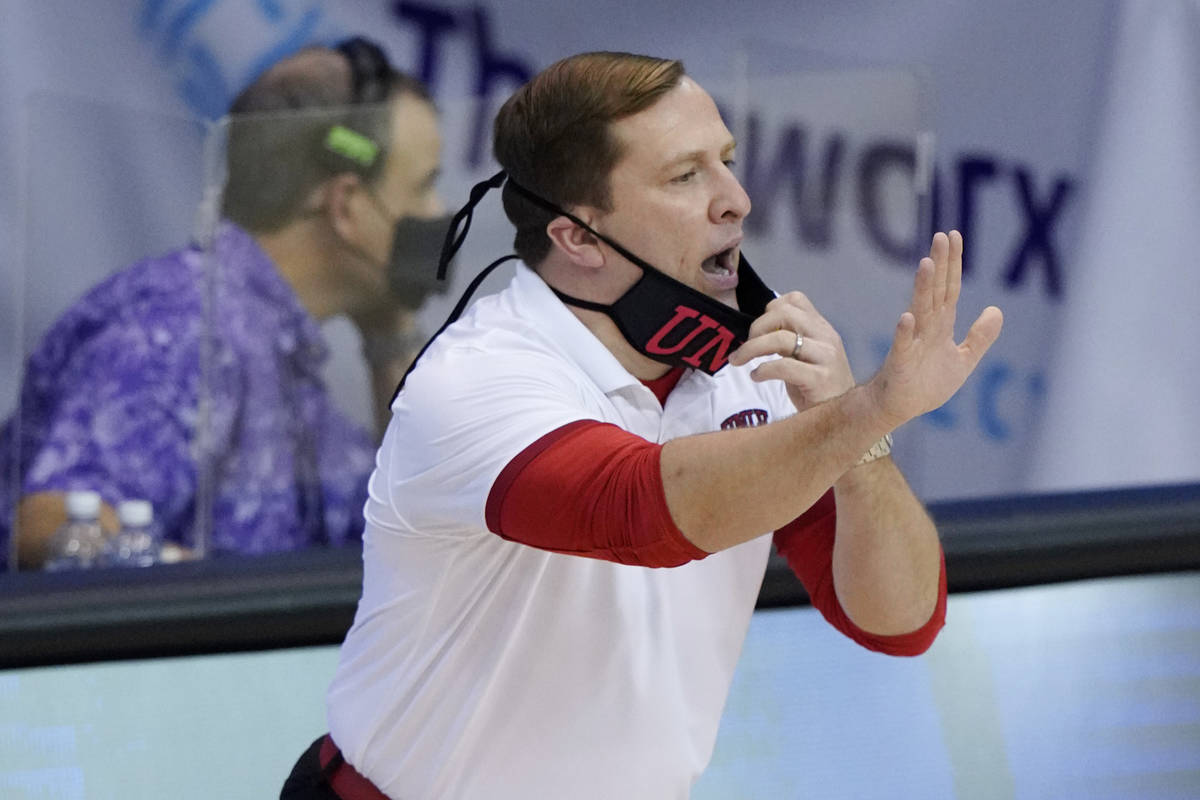 UNLV head coach T.J. Otzelberger directs his team in the first half of an NCAA college basketba ...