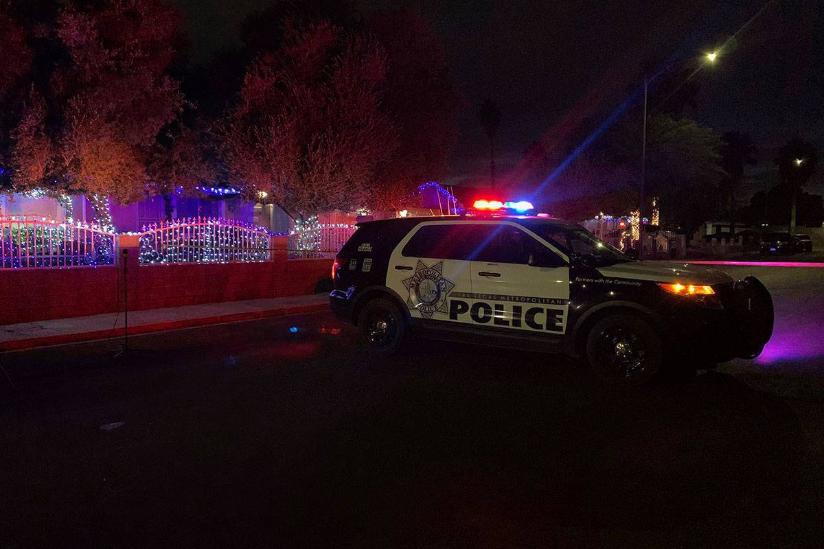 Las Vegas police at the scene of a homicide in the 100 block of Montello Avenue near East Charl ...