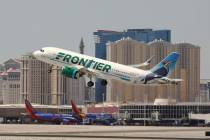 A Frontier Airlines flight departs McCarran International Airport in Las Vegas, June 26, 2019. ...