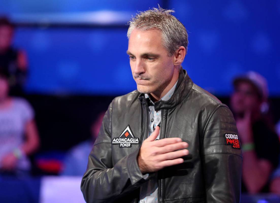 Damian Salas watches as he is about to fall out of the World Series of Poker final table at Rio ...