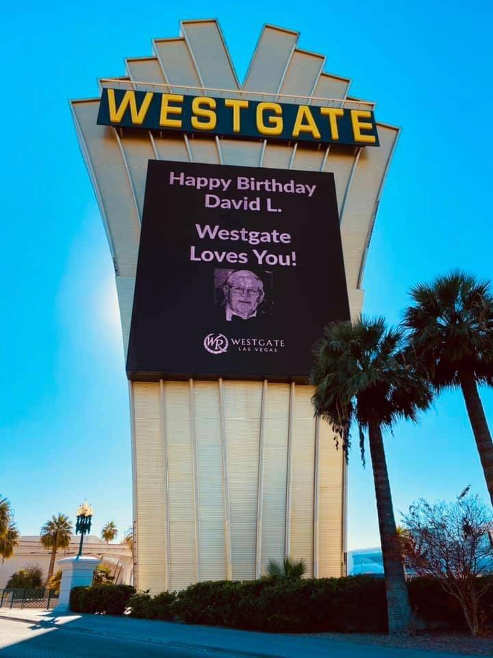 David Christensen's birthday message on the Westgate Las Vegas marquee on Monday, Dec. 14, 2020 ...