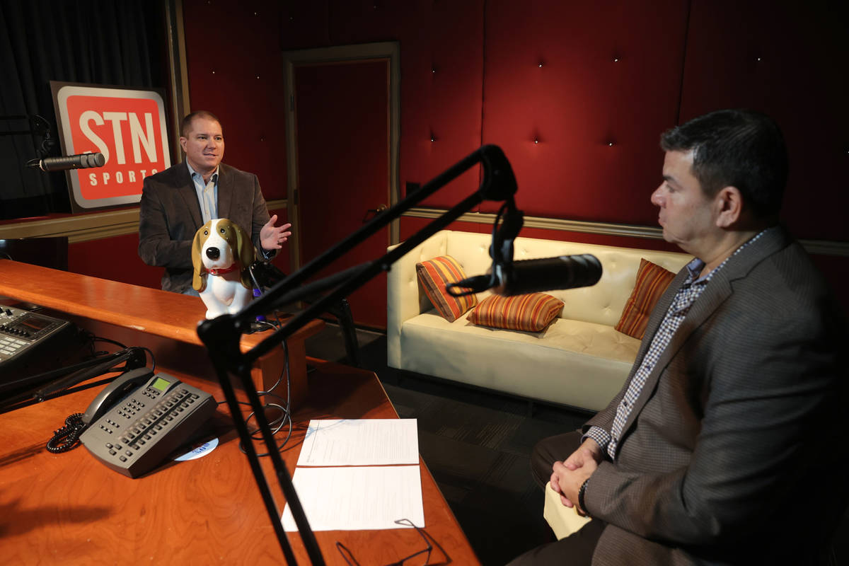 Red Rock Resort sportsbook director Jason McCormick, left, and Sunset Station sportsbook direct ...
