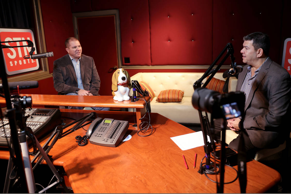 Red Rock Resort sportsbook director Jason McCormick, left, and Sunset Station sportsbook direct ...