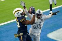 Los Angeles Chargers tight end Donald Parham cannot make the catch in the end zone as Las Vegas ...
