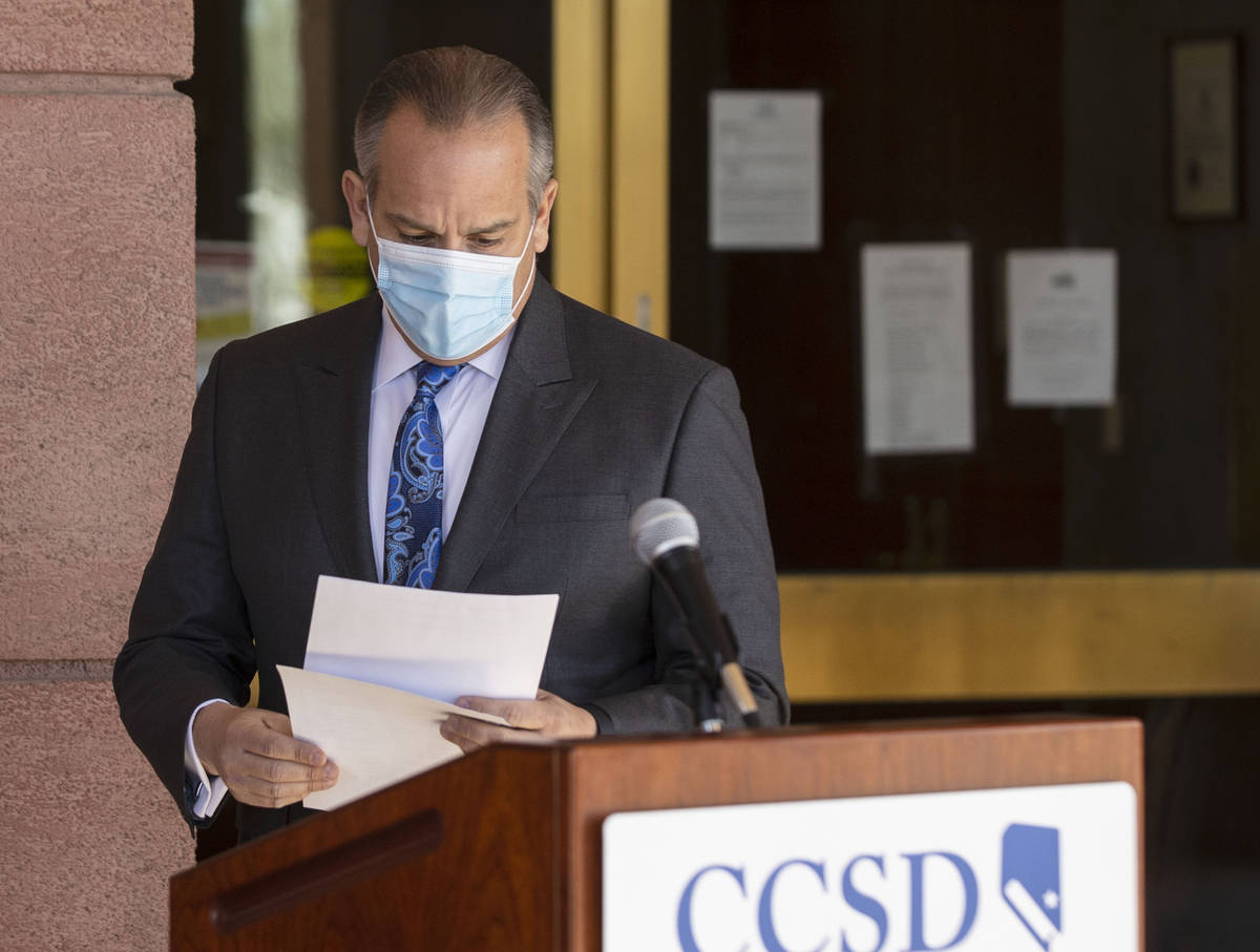 Clark County School District superintendent Dr. Jesus Jara, reads his notes as he prepares to s ...