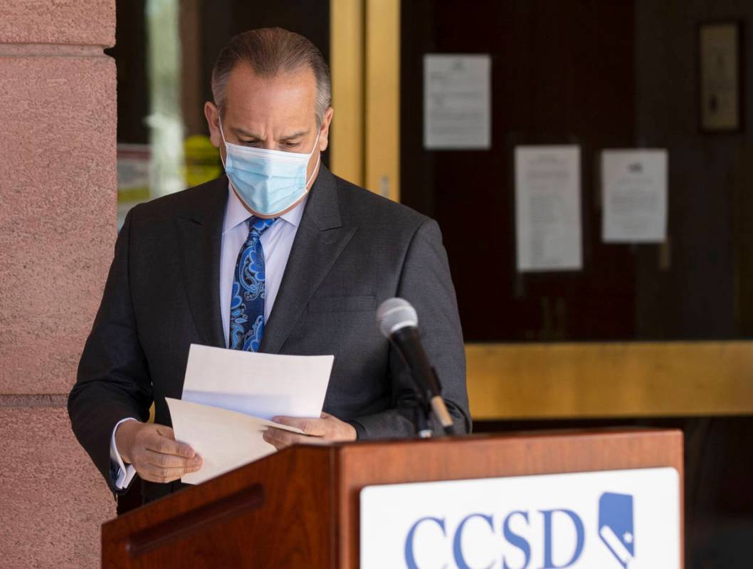 Clark County School District superintendent Dr. Jesus Jara, reads his notes as he prepares to s ...