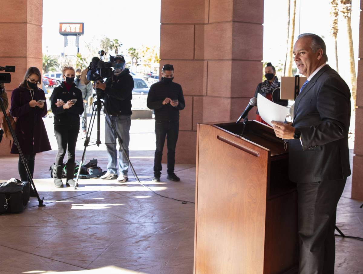 Clark County School District superintendent Dr. Jesus Jara speaks during a press conference out ...