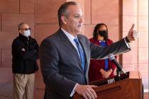 Clark County School District superintendent Dr. Jesus Jara speaks during a press conference out ...