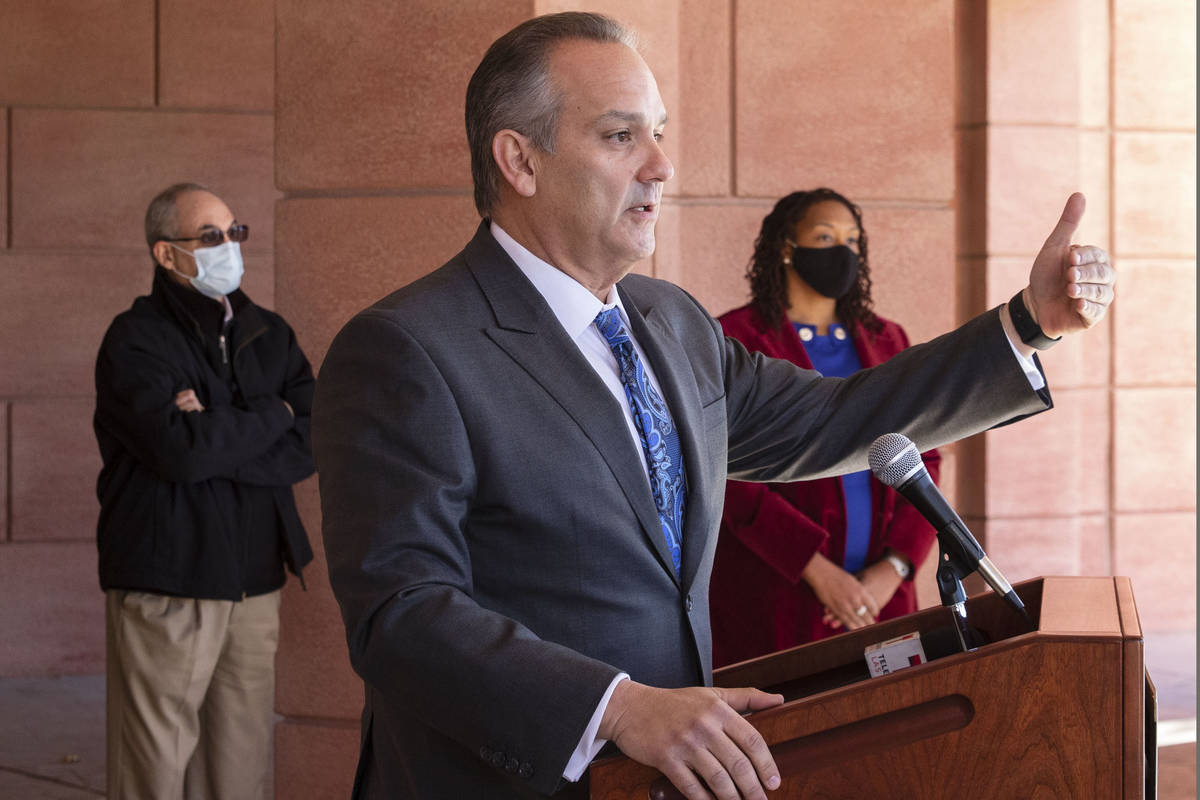 Clark County School District superintendent Dr. Jesus Jara speaks during a press conference out ...