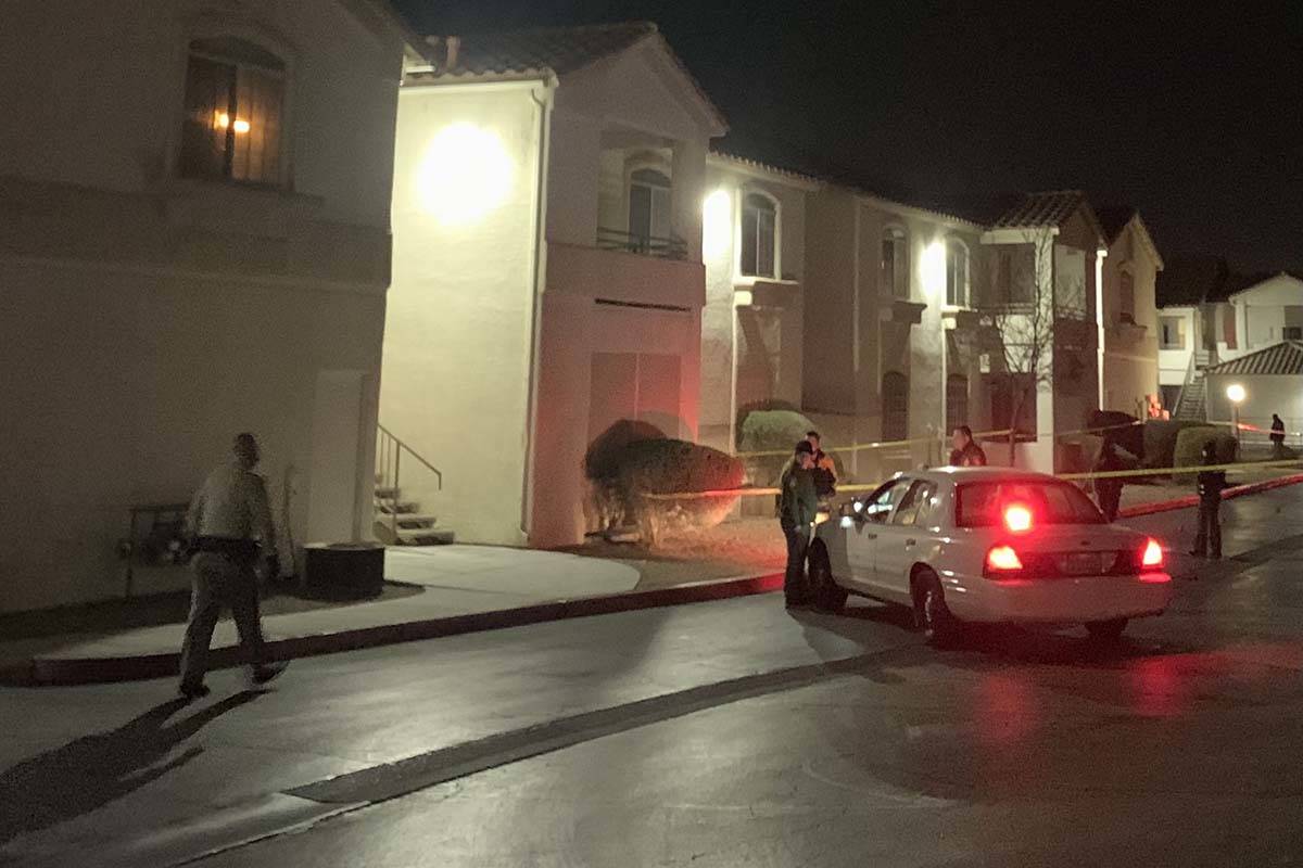 Police investigate a homicide Wednesday, Dec. 16, 2020, at Pacific Legends Apartments, 1405 S. ...