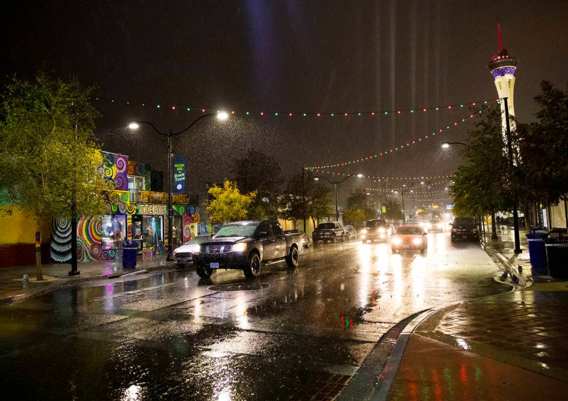 The Arts District is hit with rain in Las Vegas, Thursday, Dec. 17, 2020. Thursday marked the f ...