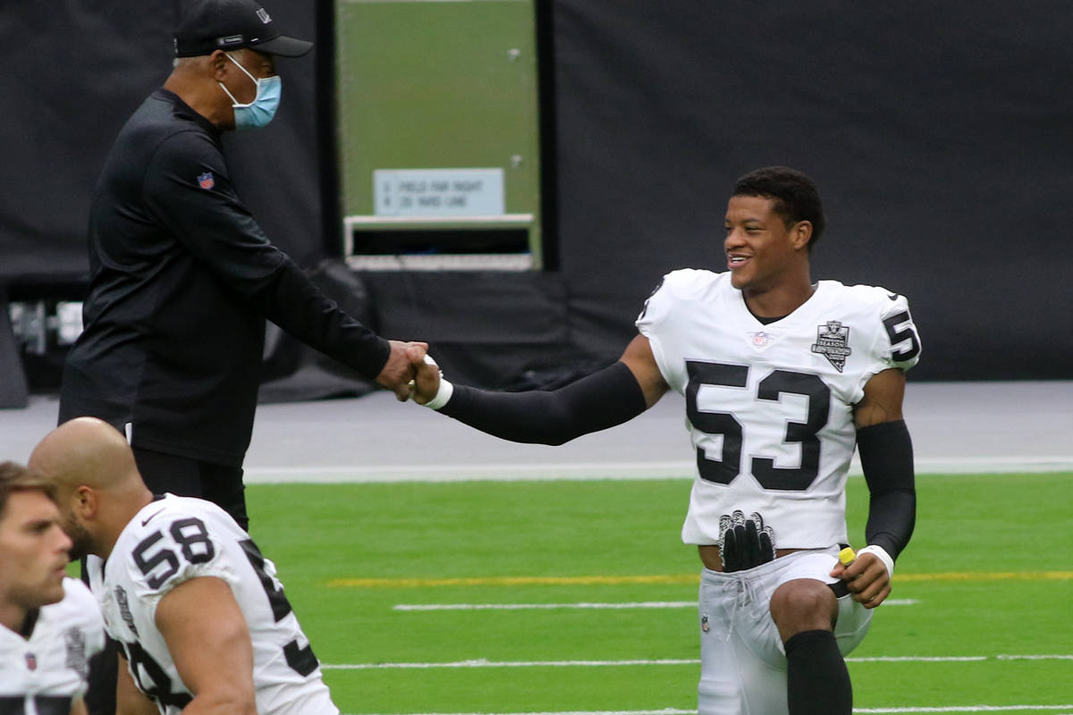 Las Vegas Raiders linebacker Javin White (53) during a team practice at Allegiant Stadium in La ...