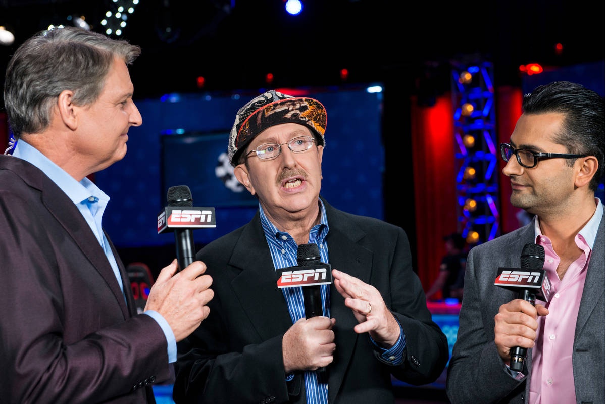 Lon McEachern, left, Norman Chad and Antonio Esfandiari. (WSOP)