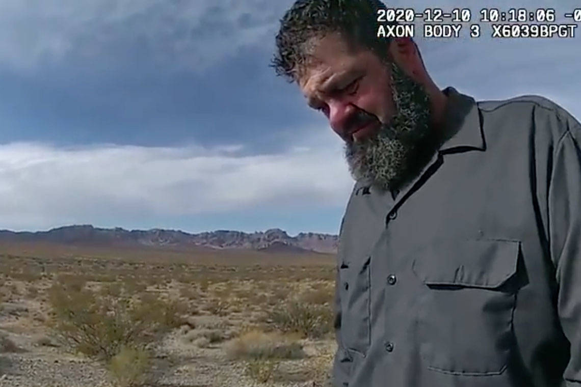 This screenshot from a Nevada Highway Patrol body camera video shows Jordan Alexander Barson, a ...