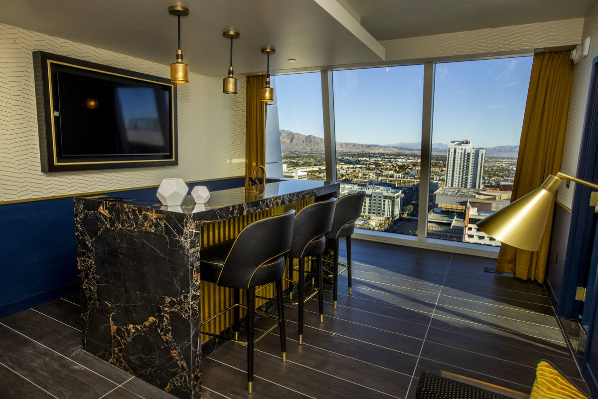 A stone bar and a great view within a Bunk Pad Suite at Circa on Friday, Dec. 18, 2020, in Las ...