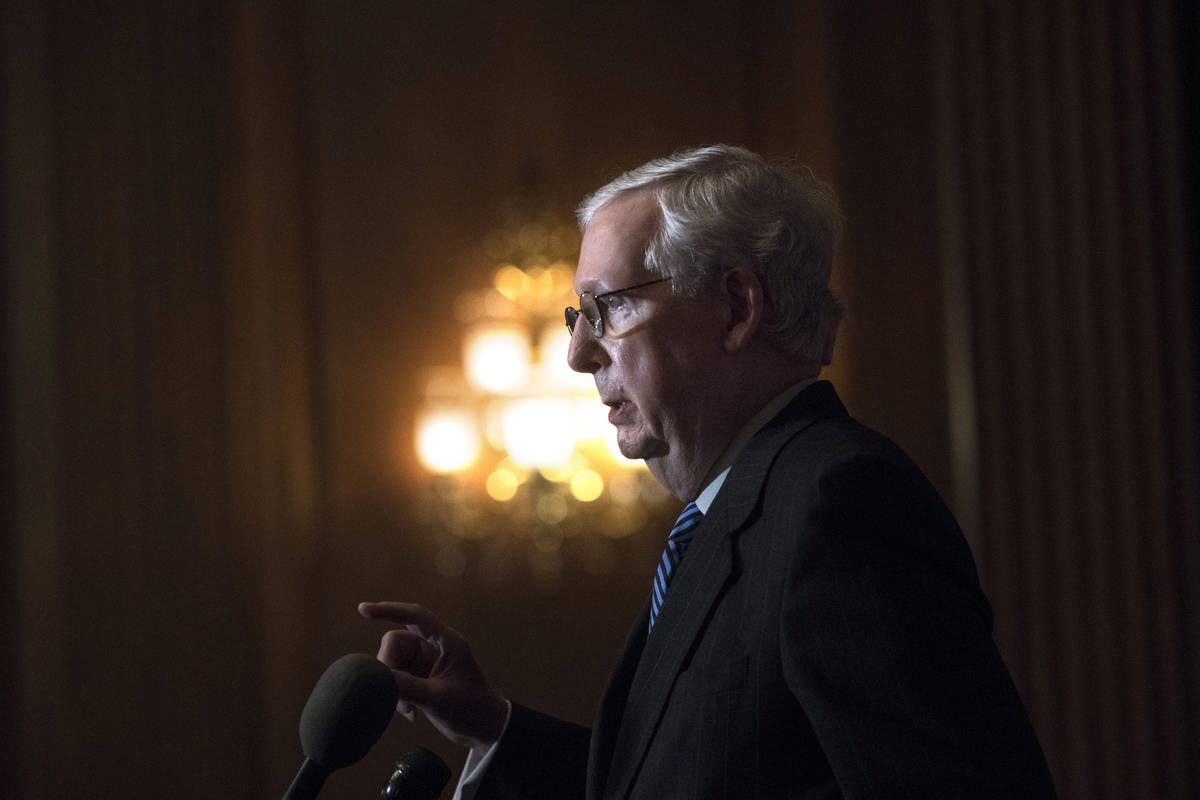 Senate Majority Leader Mitch McConnell of Ky., speaks during a news conference with other Senat ...