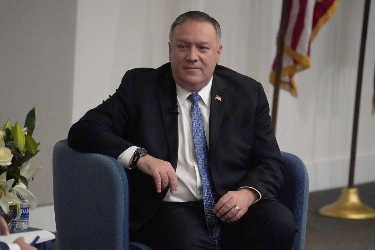 Secretary of State Mike Pompeo speaks at Georgia Tech, Wednesday, Dec. 9, 2020, in Atlanta. (AP ...