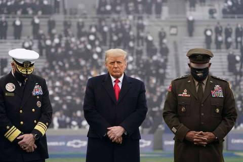 FILE - In this Dec. 12, 2020, file photo President Donald Trump stands on the field before the ...