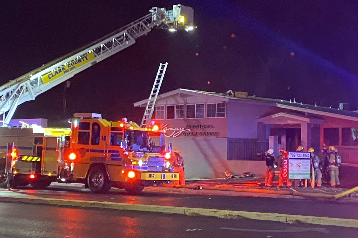 Firefighters battle a structure fire in the 3300 block of South Eastern Avenue at East Desert I ...
