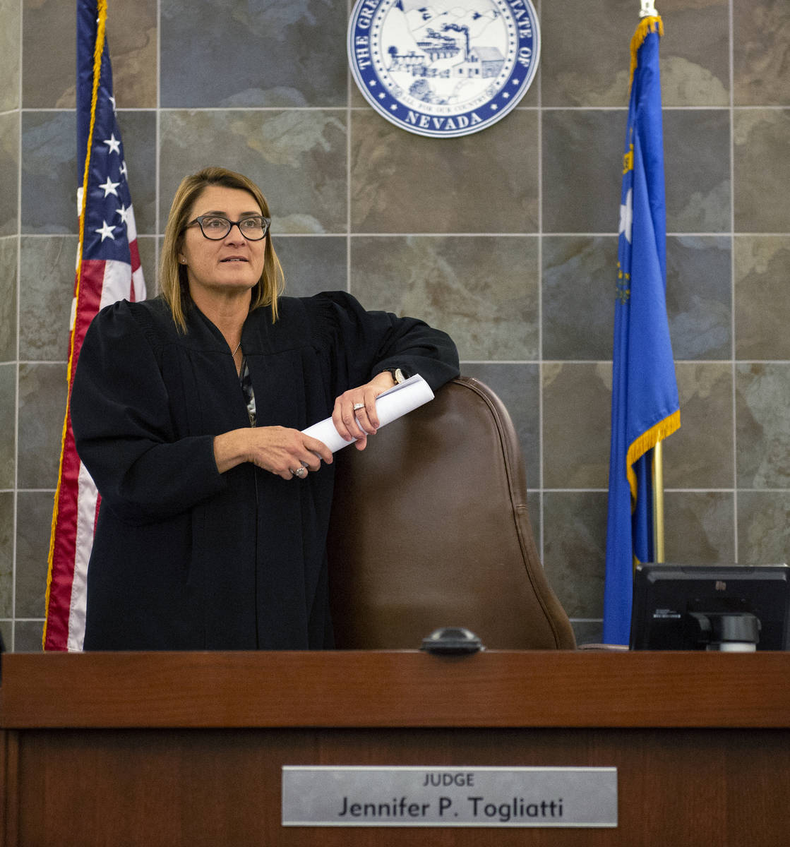 District Judge Jennifer Togliatti appears in her courtroom at the Regional Justice Center in La ...