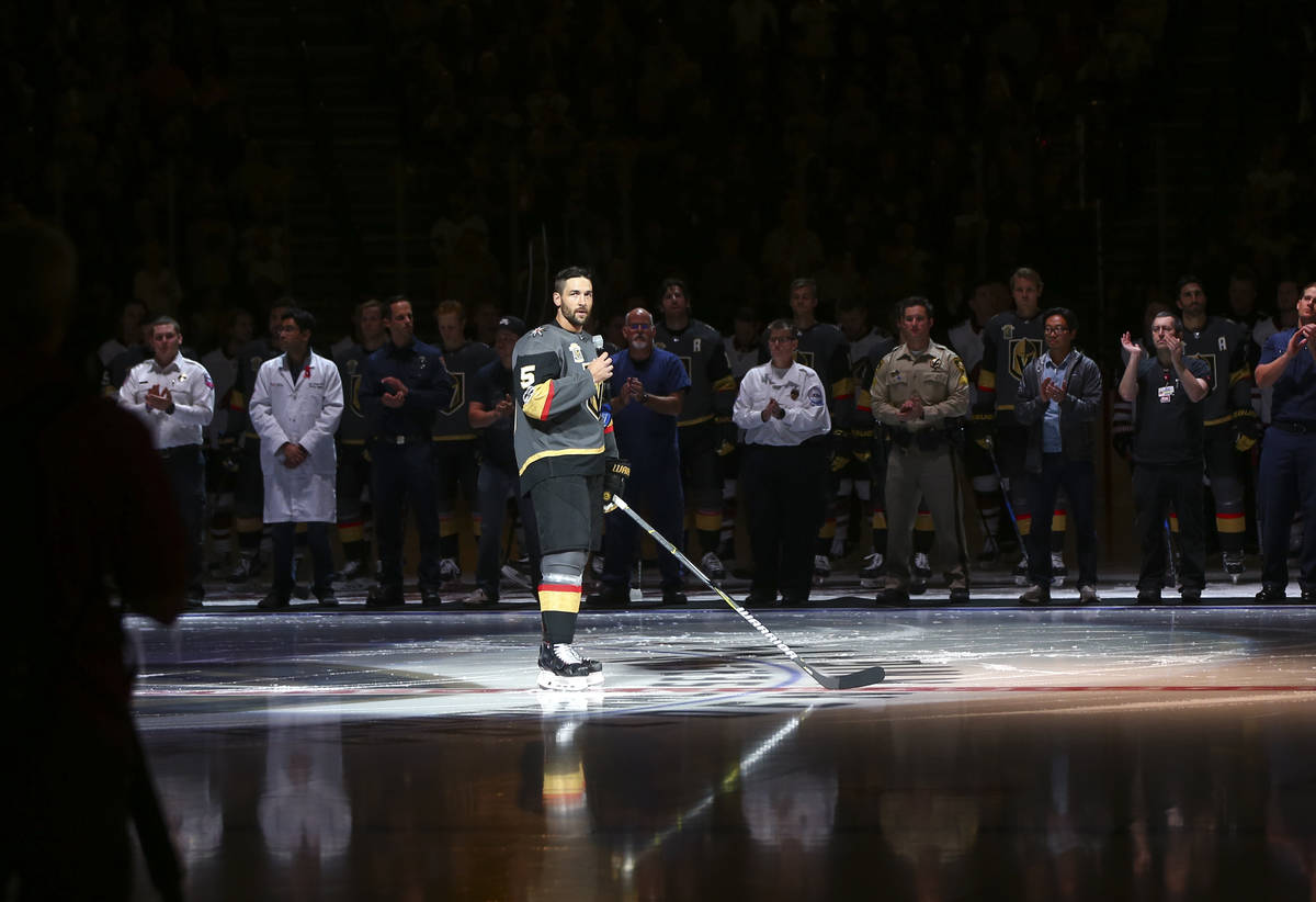 Vegas Golden Knights' Deryk Engelland (5) speaks before an NHL hockey game between the Vegas Go ...