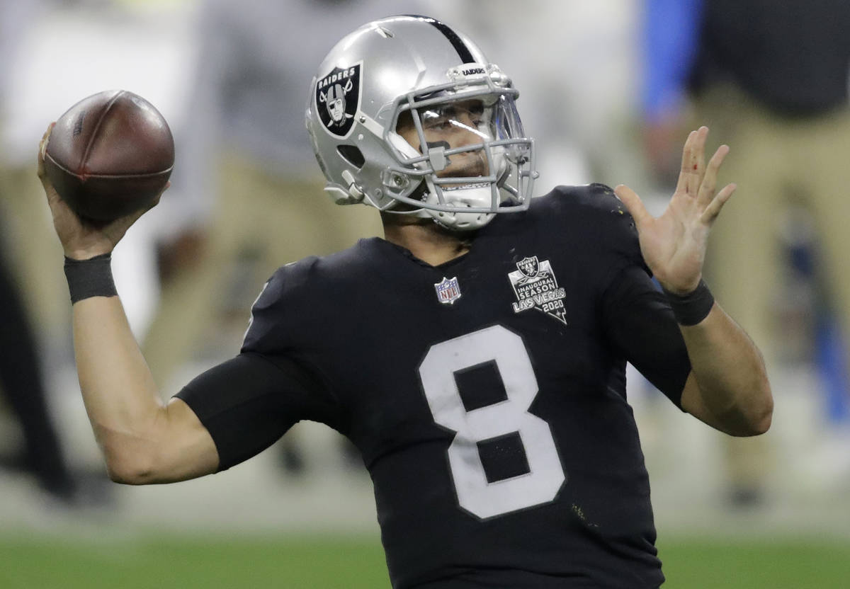 Las Vegas Raiders quarterback Marcus Mariota (8) looks to pass against the Los Angeles Chargers ...