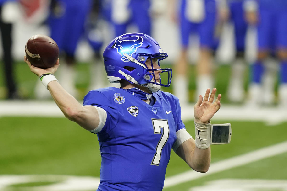 Buffalo quarterback Kyle Vantrease throws during the first half of the Mid-American Conference ...