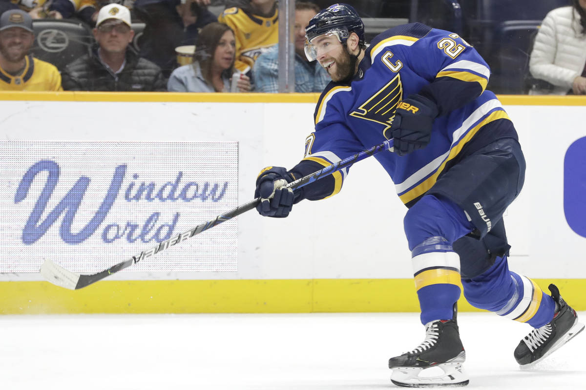 In this Feb. 16, 2020, file photo, St. Louis Blues defenseman Alex Pietrangelo plays against th ...