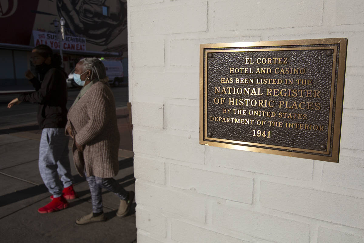 A plaque displays the El Cortez hotel and casino's status as listed on the National Register of ...