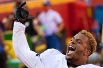 Las Vegas Raiders strong safety Johnathan Abram (24) celebrates after defeating the Kansas City ...