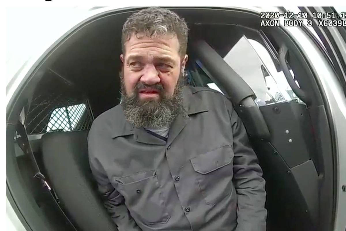 This screenshot from a Nevada Highway Patrol body camera video shows Jordan Alexander Barson, a ...