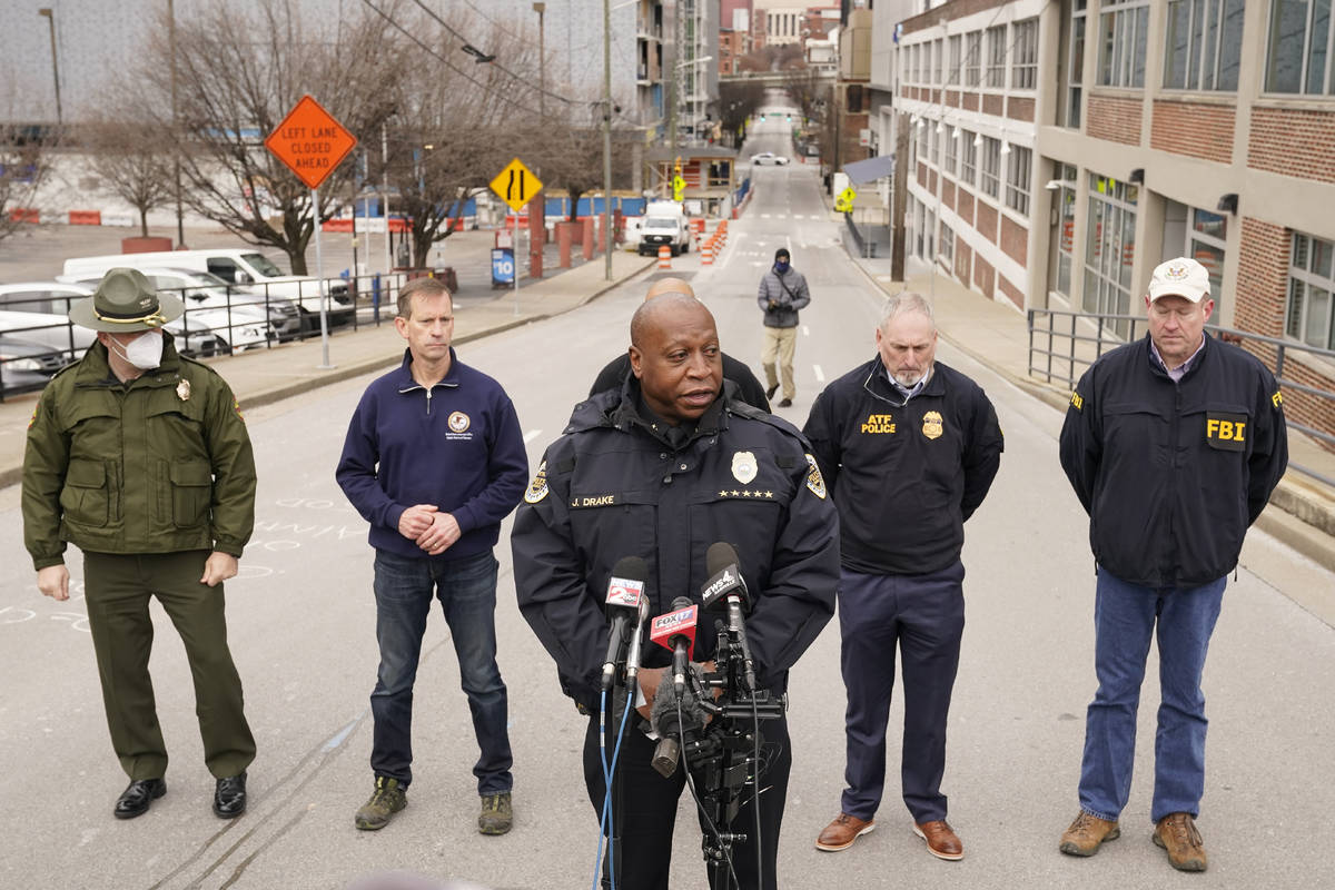 Nashville Police Chief John Drake, center, speaks during a news conference Friday, Dec. 25, 202 ...