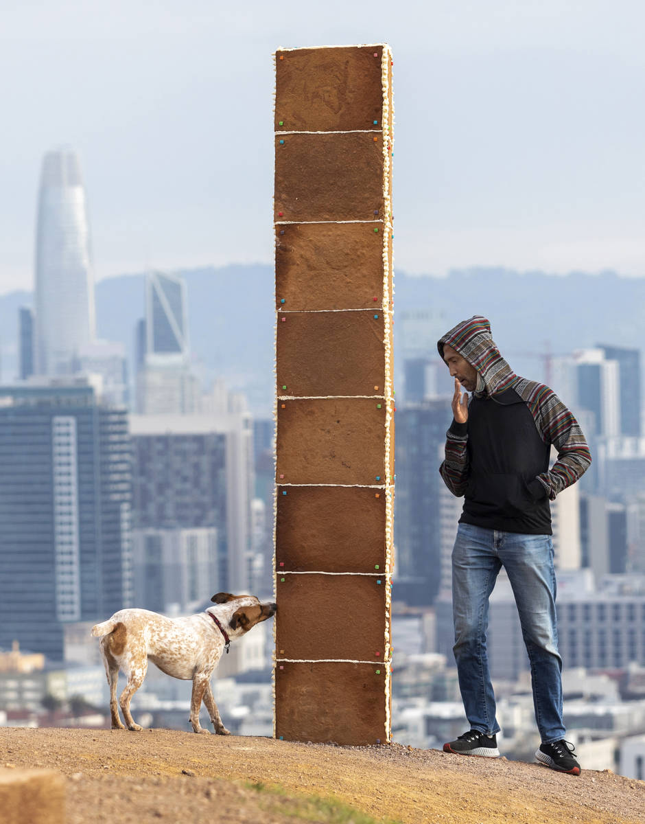 A gingerbread monolith stands on Christmas Day, Dec. 25, 2020, on a bluff in Corona Heights Par ...