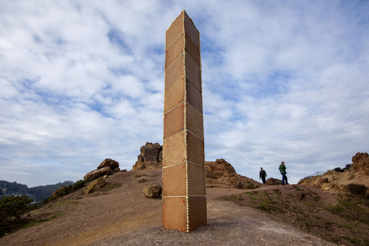 A gingerbread monolith stands on Christmas Day, Dec. 25, 2020, on a bluff in Corona Heights Par ...