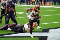 Cincinnati Bengals running back Samaje Perine (34) celebrates after running for a touchdown aga ...