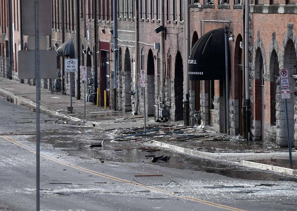Buildings are damaged one block away from an explosion on Friday, Dec. 25, 2020 in Nashville, T ...