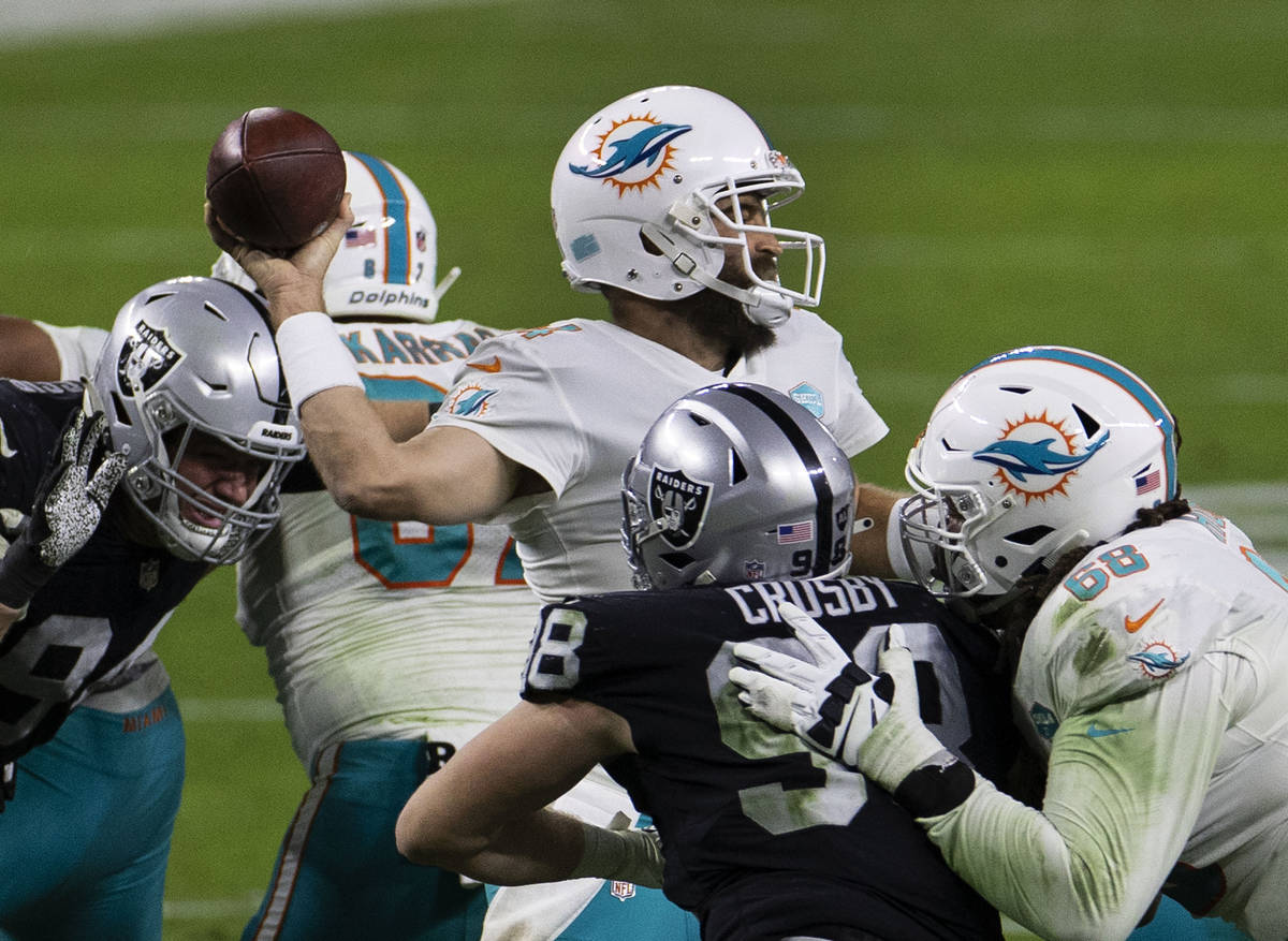 Miami Dolphins quarterback Ryan Fitzpatrick (14) prepares to throw the ball against Raiders dur ...