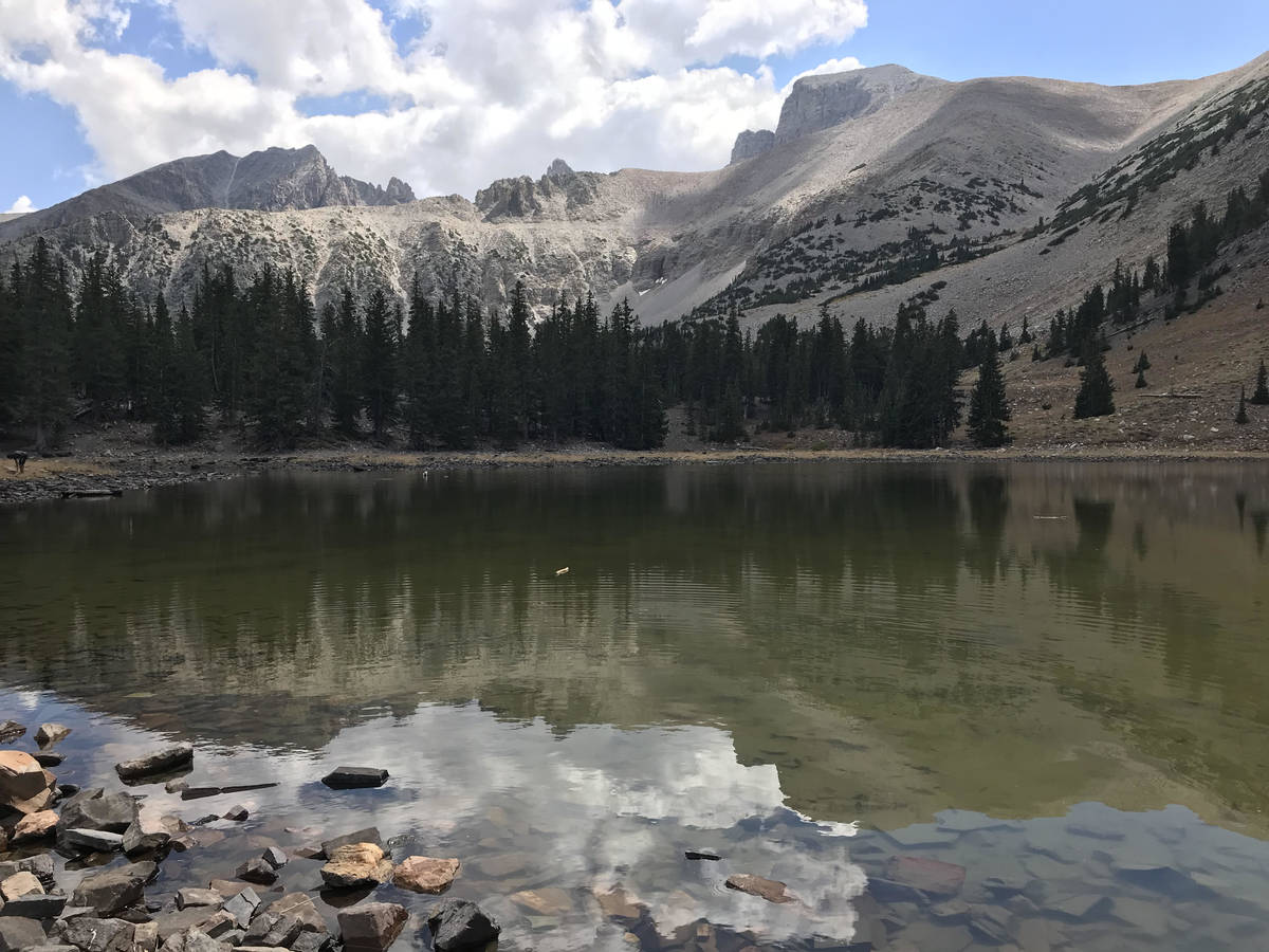 Jeff Davis Peak, left, and Wheeler Peak reflect in the waters of Stella Lake at Great Basin Nat ...