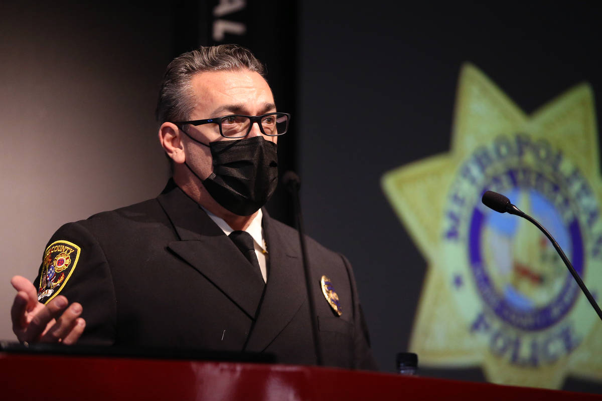 Clark County Fire Deputy Chief Warren Whitney speaks during a press conference to discuss New Y ...